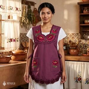 Burgundy Mexican Embroidered Smock Apron – Floral Traditional Design
